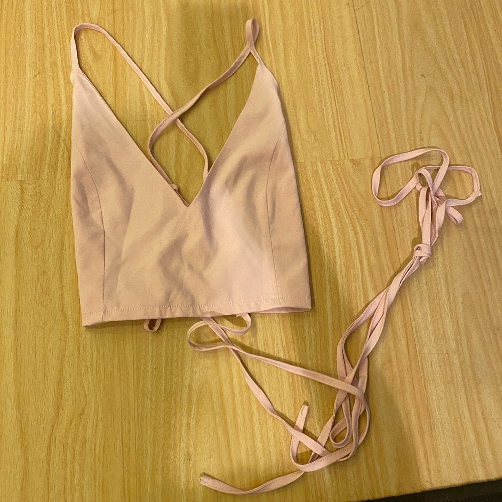 Pink Lace up back crop tank